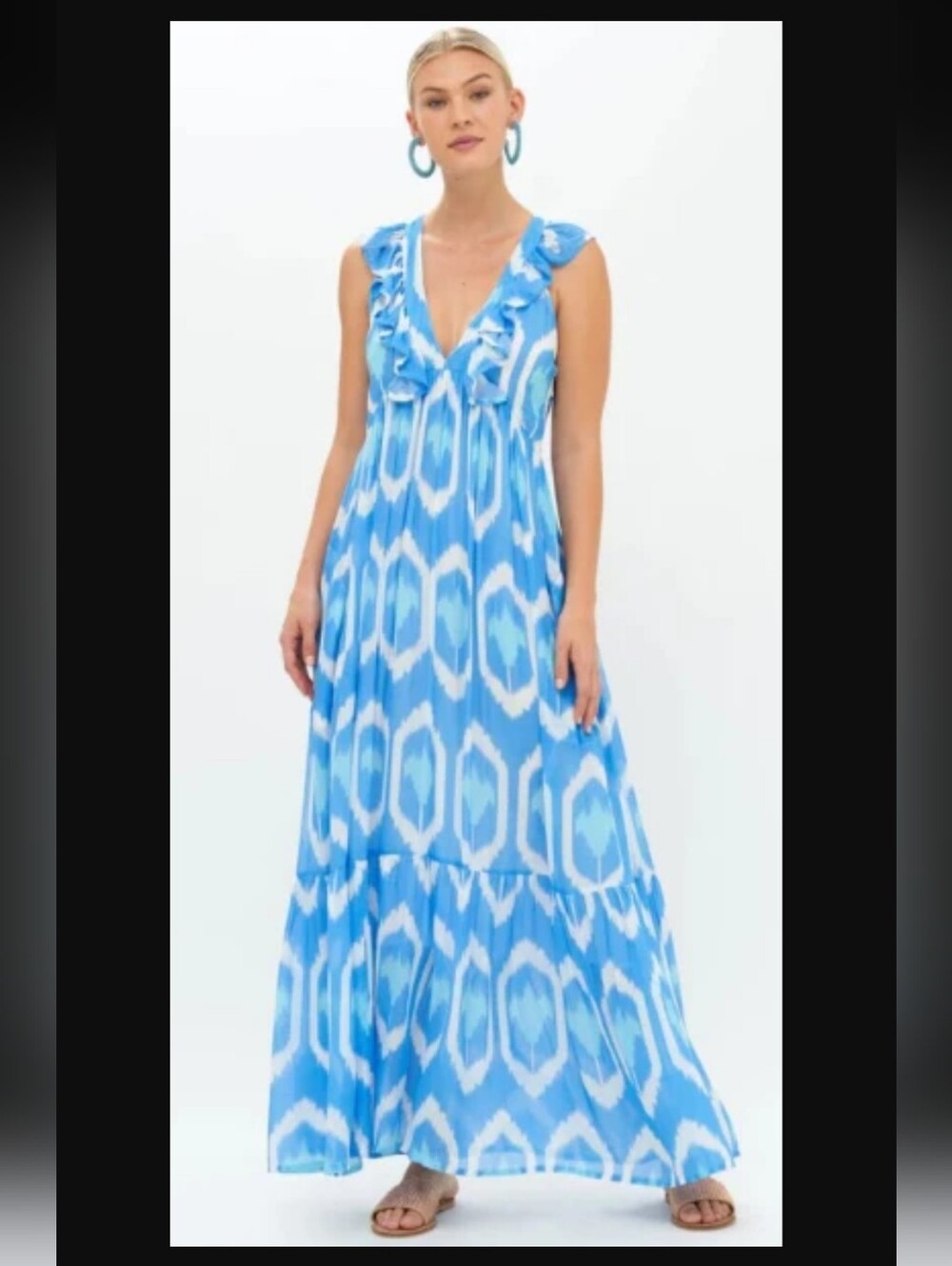 Oliphant Odisha Blue Ruffle V Neck Maxi Dress Size Medium